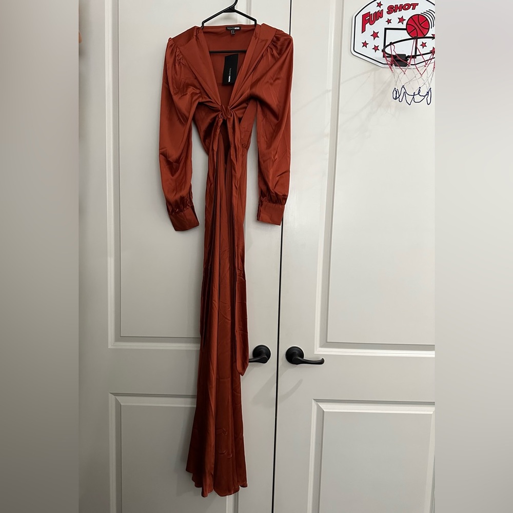 Fashion Nova Entice Me Satin Maxi Dress Bronze
